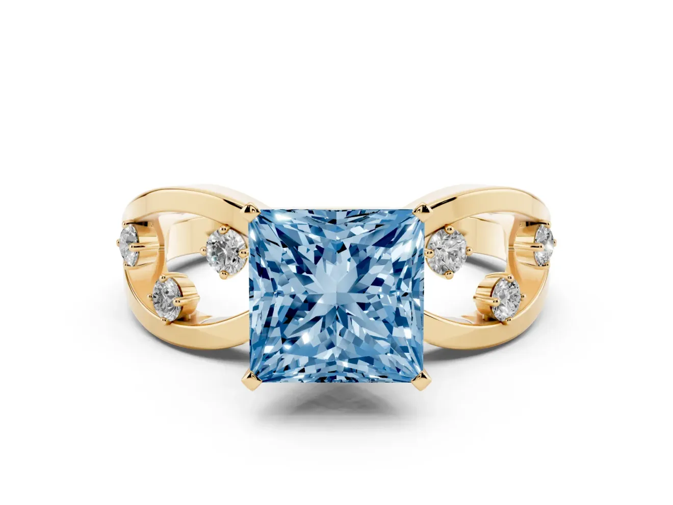 Fancy Blue Princess Cut Diamond Solitaire Ring Set in Yellow gold with Side Stones on Criss-Cross Band and Prong Setting