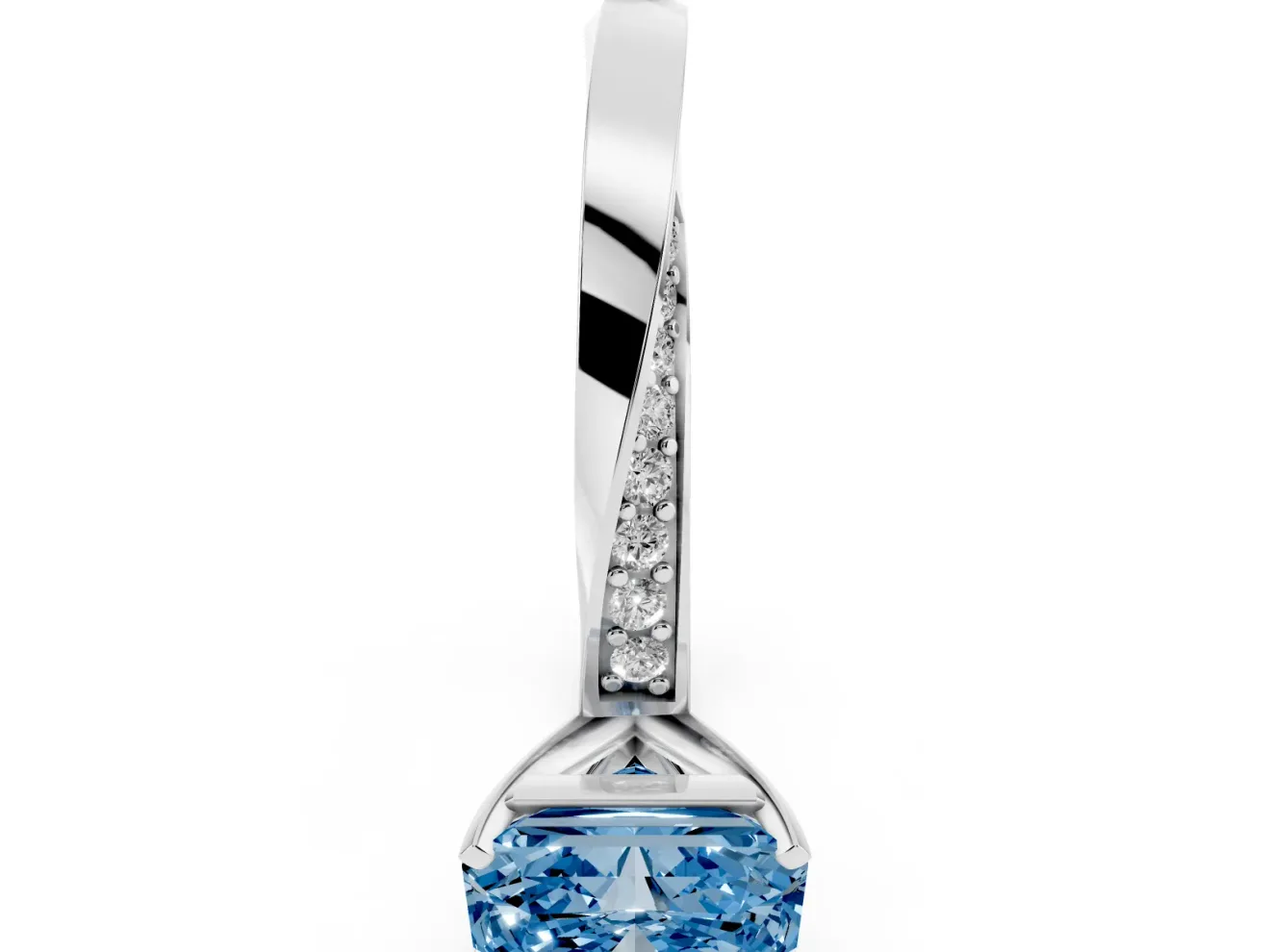Fancy Blue Radiant Cut Diamond Engagement Ring Set in White gold with Side Stone Accents and Prong Setting