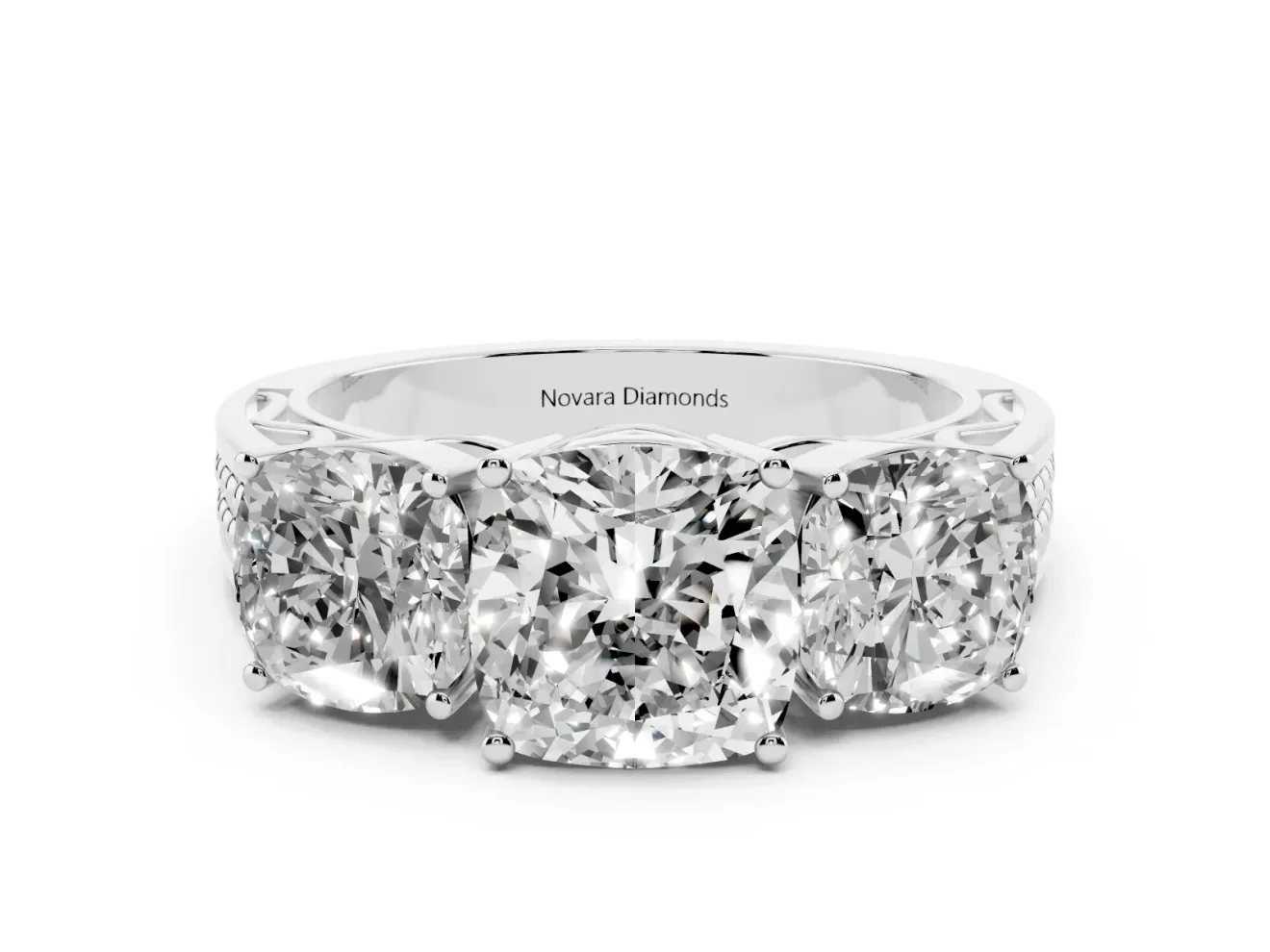 Cushion Cut Diamond Three-Stone Ring Set in White gold with Textured Band