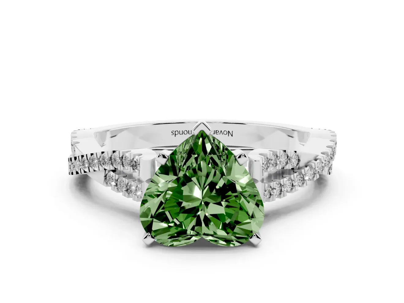 Fancy Green Heart Cut Diamond Solitaire Engagement Ring Set in White gold with Twisted Pavé Band and Prong Setting
