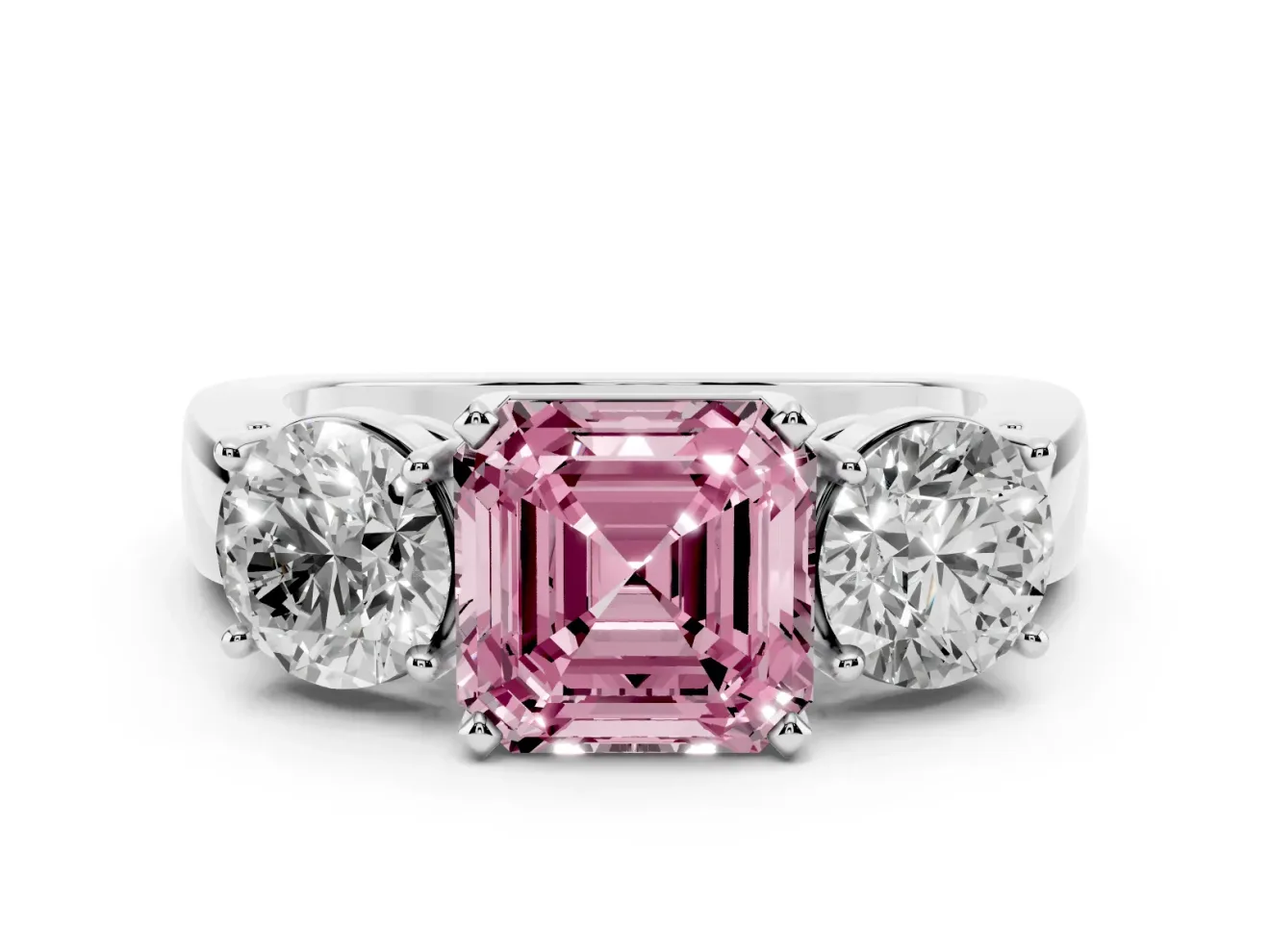 Asscher Cut Three Stone Engagement Ring Setting for a Fancy Pink Lab-Grown Diamond | Wide Plain Band | Platinum