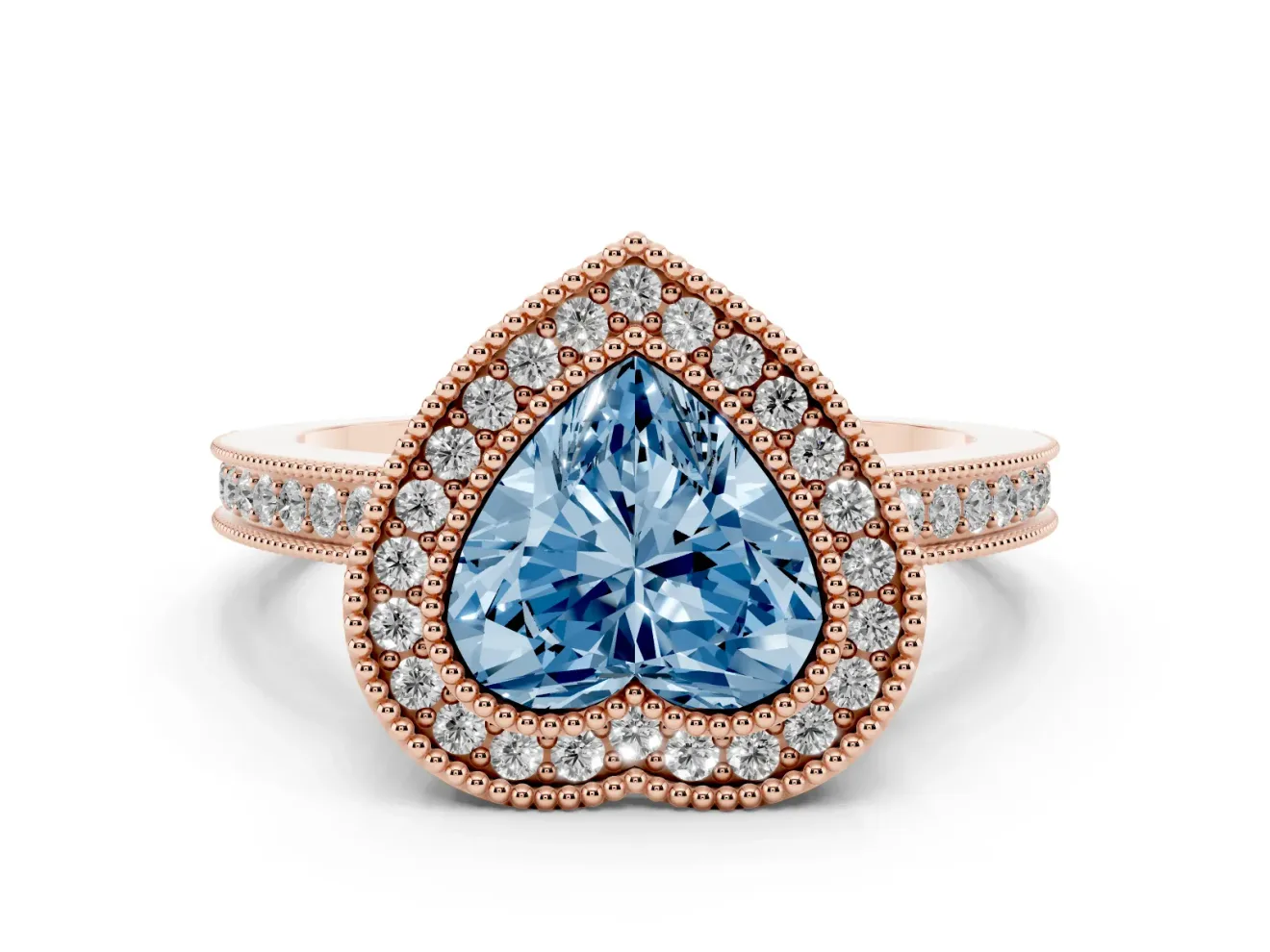 Fancy Blue Heart Cut Diamond Halo Ring Set in Rose gold with Pavé Band and Milgrain-Edged Prongs