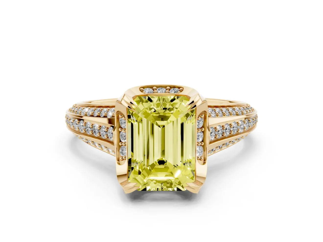 Fancy Yellow Emerald Cut Diamond Pavé Split Shank Solitaire Ring Set in Yellow gold with Prong Setting