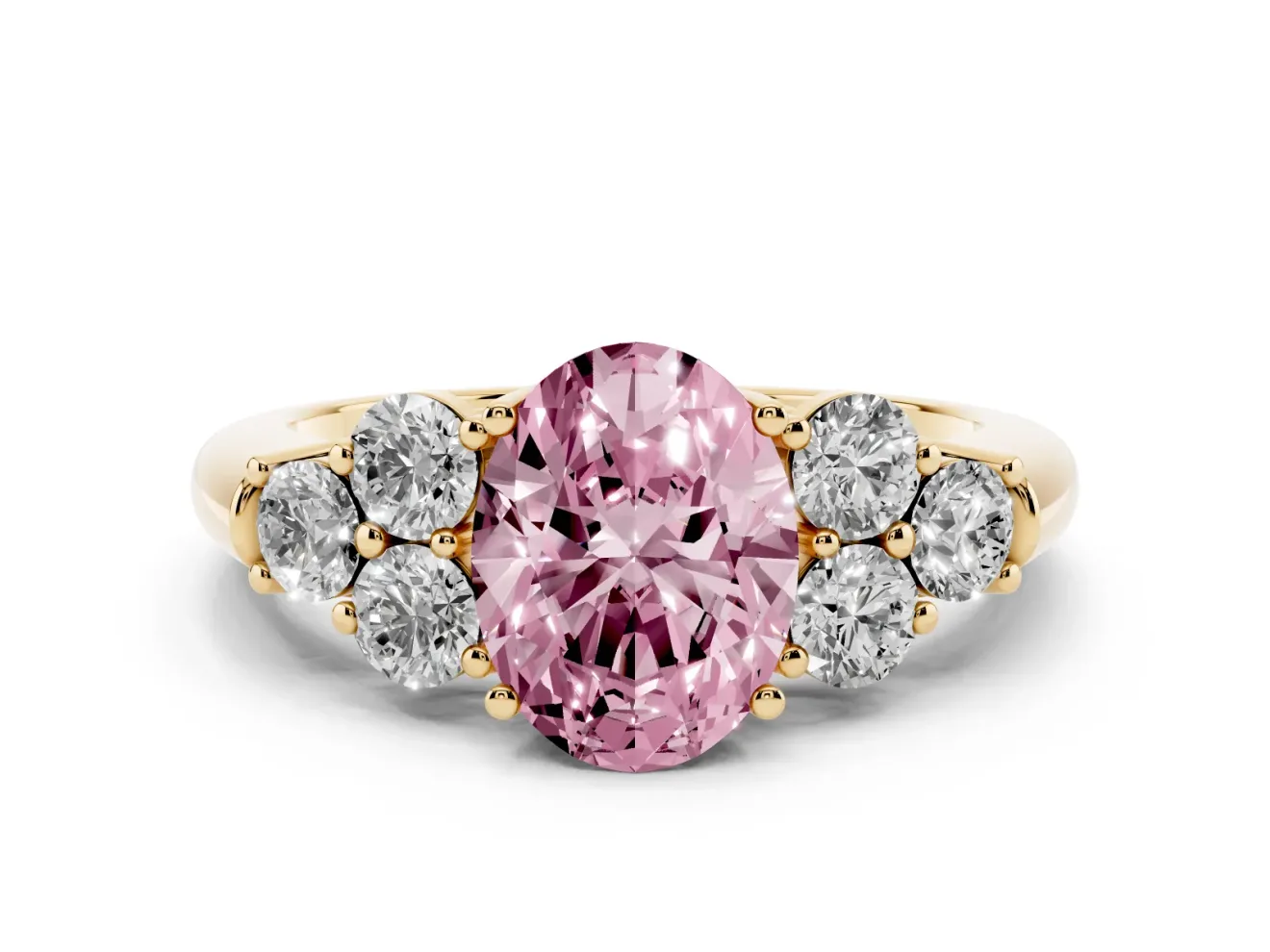 Fancy Pink Oval Cut Diamond Cluster Ring Set in Yellow gold with Round Accent Stones and Prong Setting on a Plain Band