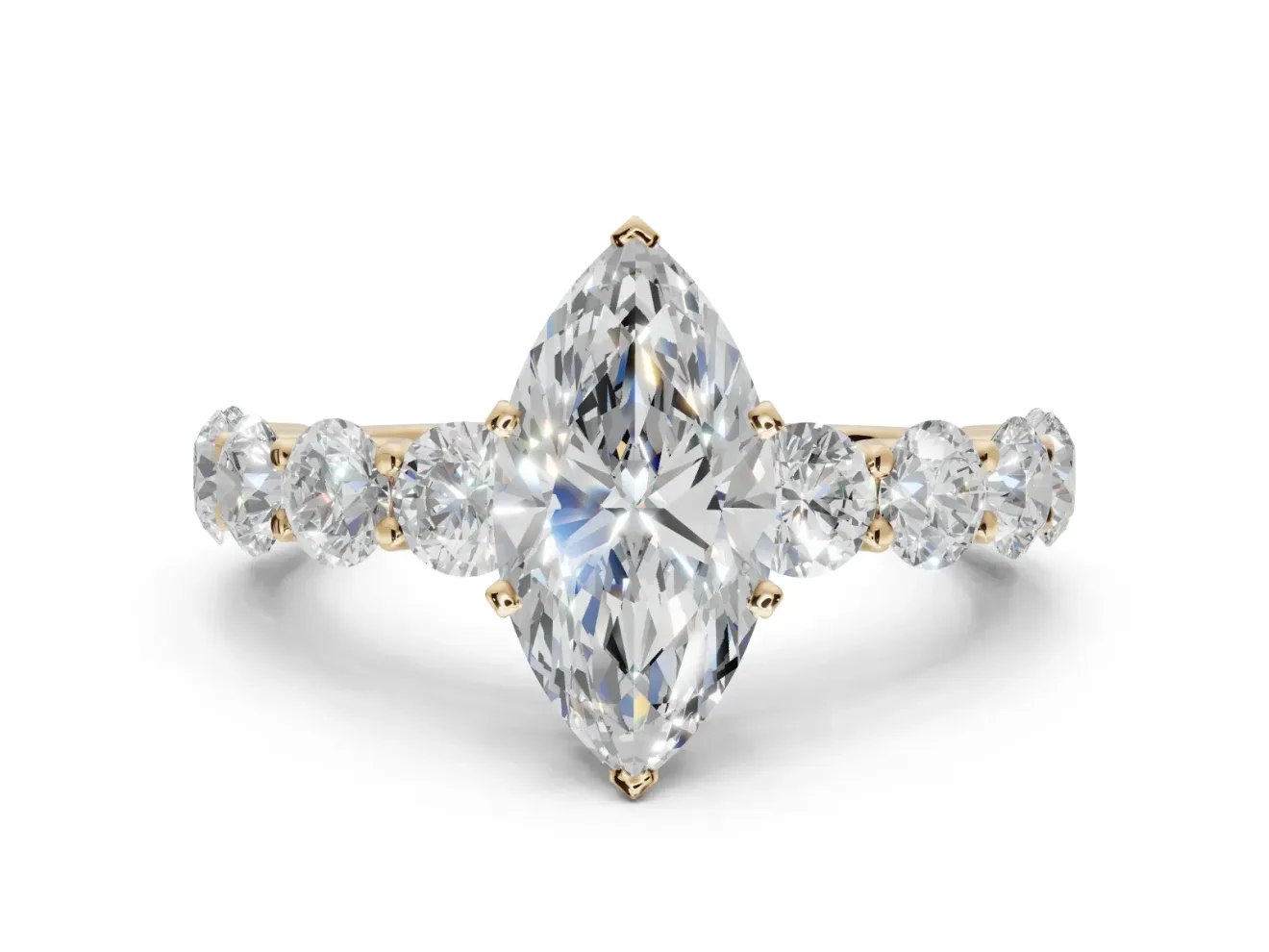Marquise Side Stone Engagement Ring Setting | Scalloped Prong Accents | Yellow Gold