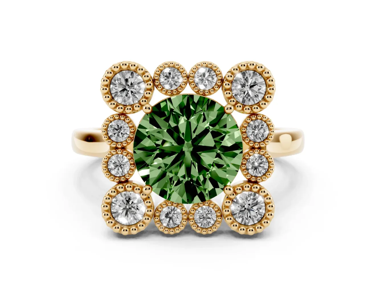 Round Milgrain Cluster Halo Engagement Ring Setting for a Fancy Green Lab-Grown Diamond | Plain Band | Yellow Gold