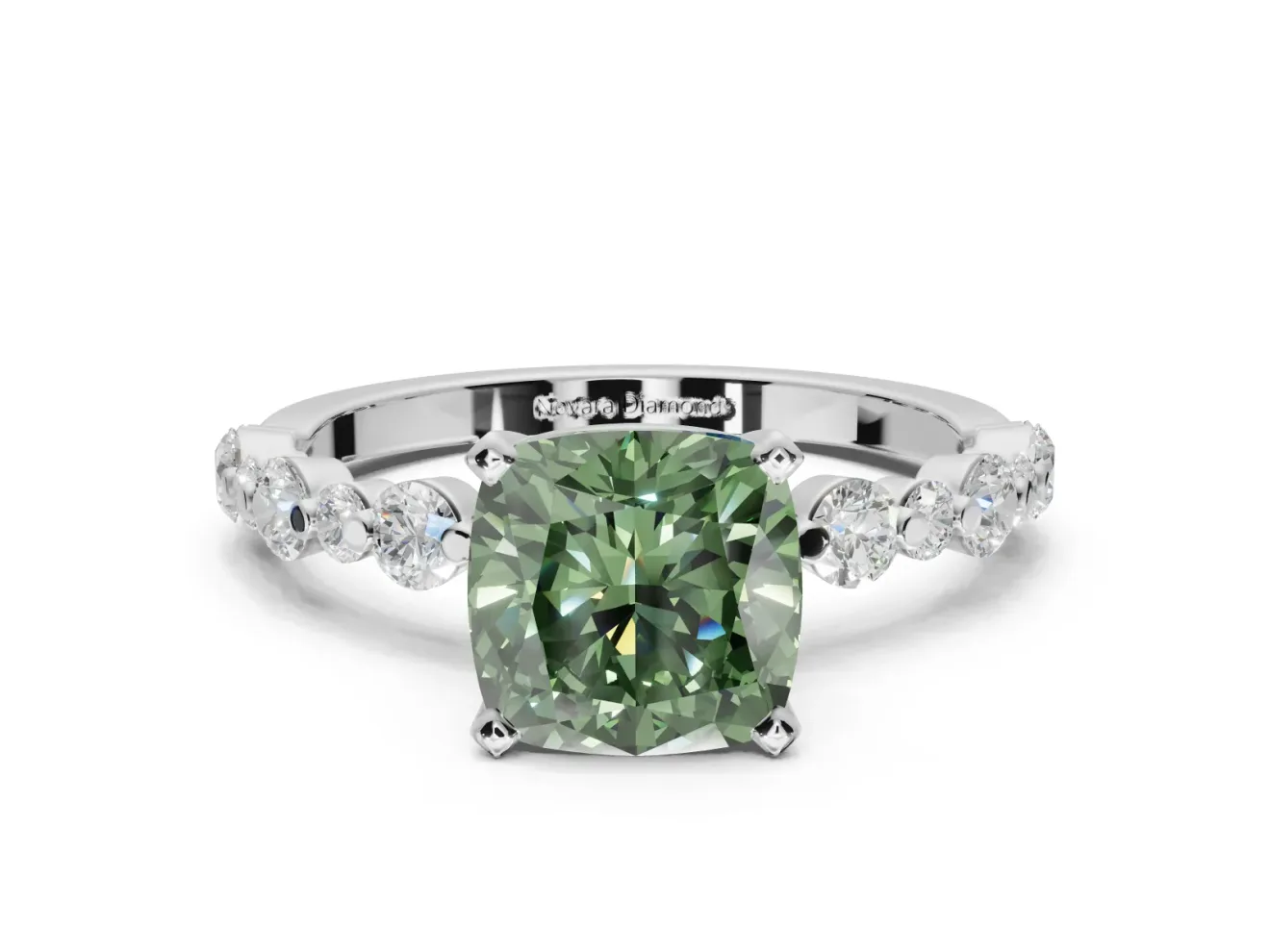 Cushion Cut Pavé Solitaire Engagement Ring Setting for a Fancy Green Lab-Grown Diamond | Alternating Accents | Platinum