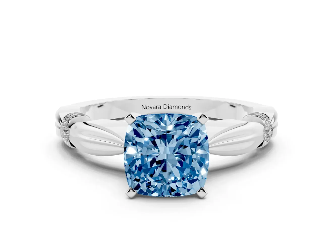 Fancy Blue Cushion Cut Diamond Solitaire Twisted Band Ring Set in Platinum with Accent Stones and Prong Setting