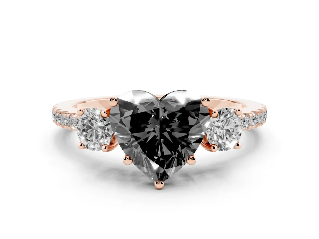 Heart-Shaped Three Stone Engagement Ring Setting for a Black Center | Pavé Shoulders | Rose Gold