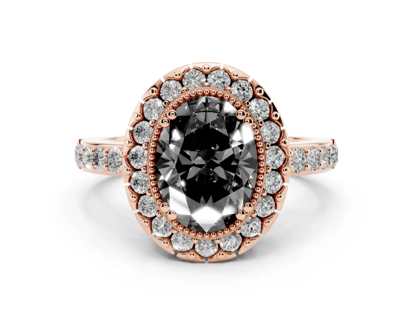 Oval Vintage Milgrain Halo Engagement Ring Setting for a Black Center | Pierced Gallery | Rose Gold
