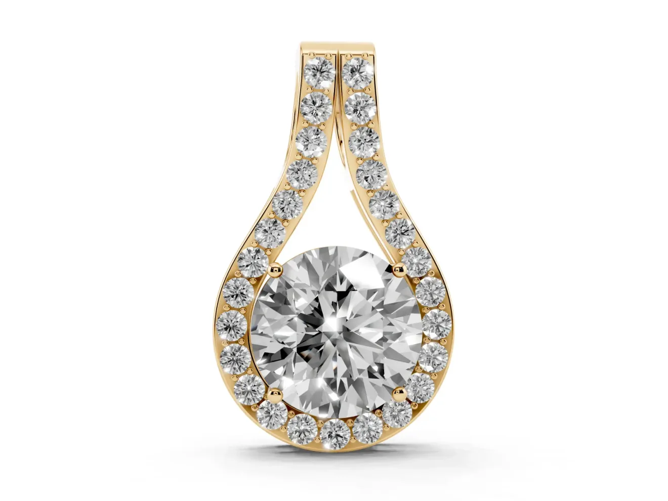 Round Lab-Grown Diamond Teardrop Halo Pendant Necklace | Pavé Split Bail | Yellow Gold