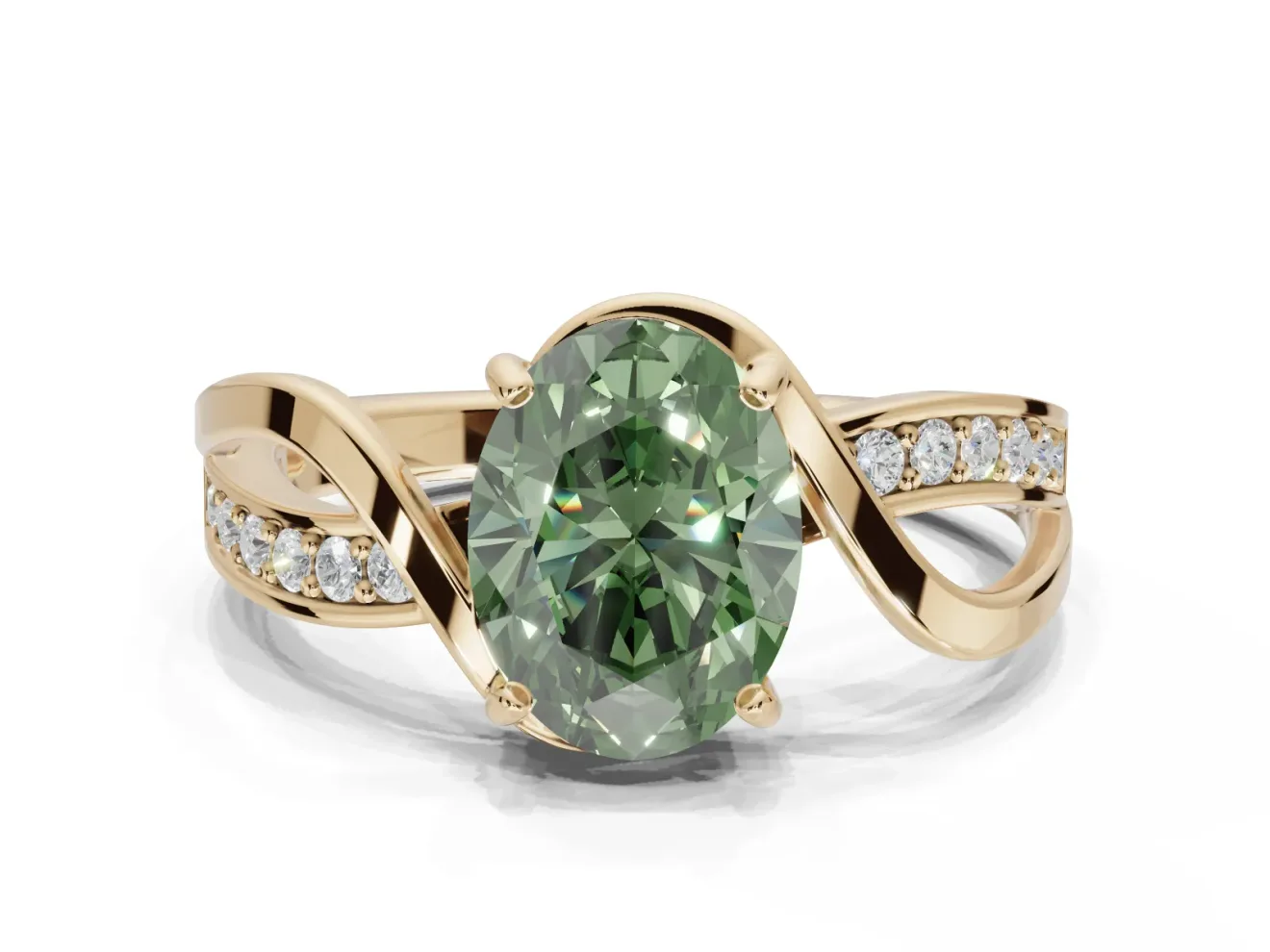 Oval Bypass Solitaire Engagement Ring Setting for a Fancy Green Lab-Grown Diamond | Pavé and Plain Strands | Yellow Gold