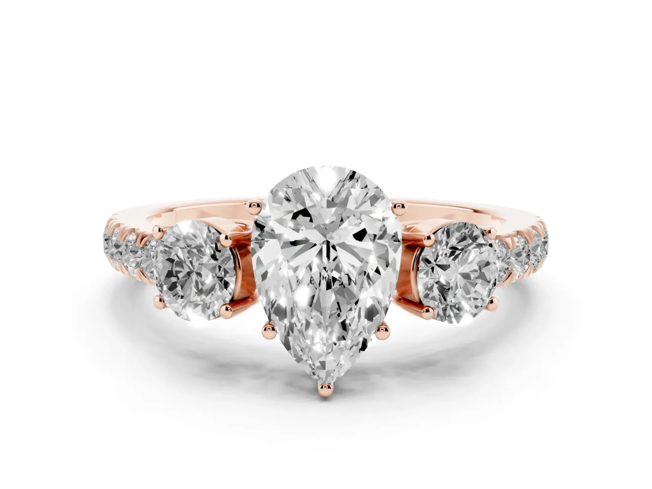 Pear-Shaped Three Stone Engagement Ring Setting | Pave Shoulders | Rose Gold