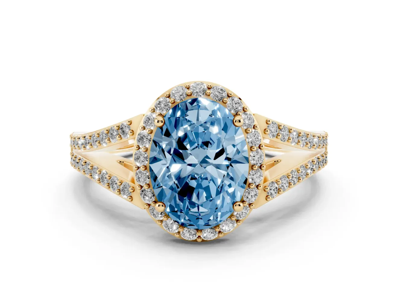 Oval Split Shank Halo Engagement Ring Setting for a Fancy Blue Lab-Grown Diamond | Yellow Gold