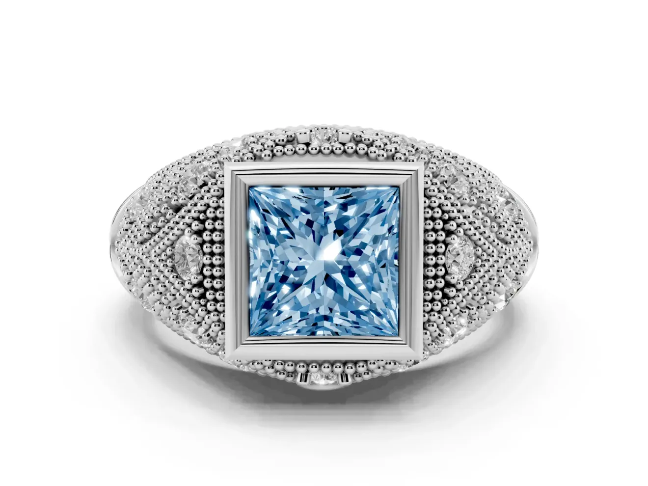 Fancy Blue Princess Cut Diamond Bezel Ring Set in Silver with Milgrain Accent Band