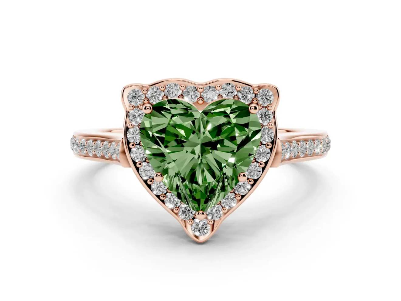 Heart-Shaped Petal Tip Halo Engagement Ring Setting for a Fancy Green Lab-Grown Diamond | Pavé Band | Rose Gold