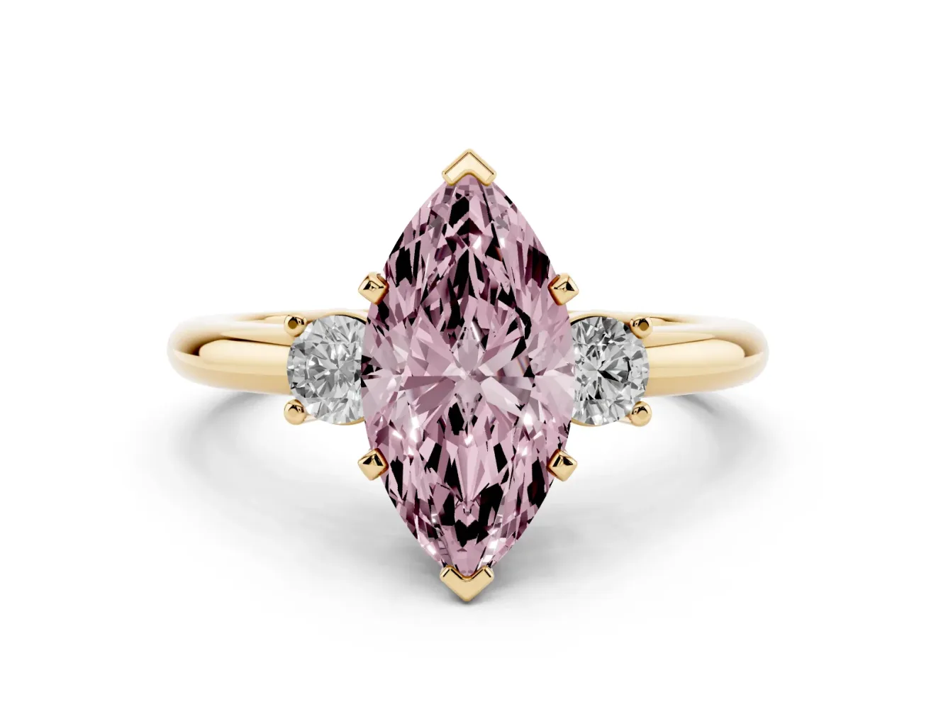 Fancy Pink Three-Stone Marquise Cut Diamond Ring Set in Yellow gold with Prong Setting and Plain Band