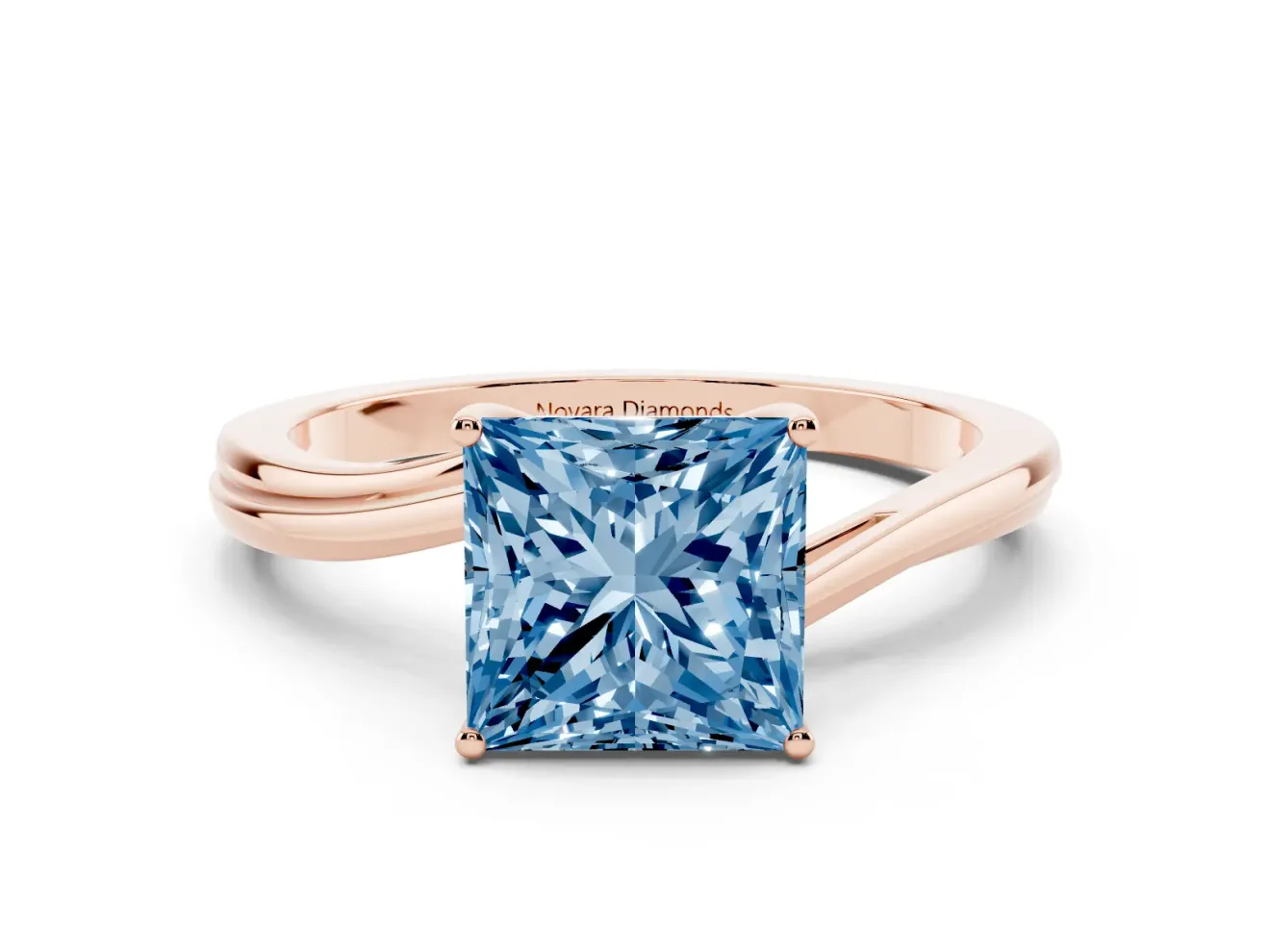Fancy Blue Princess Cut Diamond Solitaire Twist Band Ring Set in Rose gold with Prong Setting