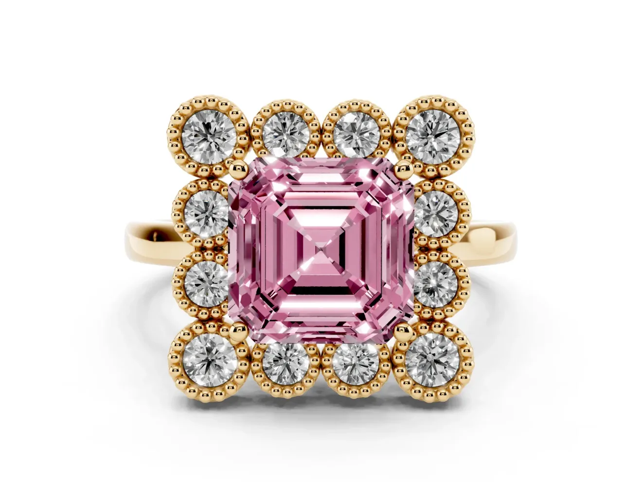Asscher Cut Milgrain Cluster Halo Engagement Ring Setting for a Fancy Pink Lab-Grown Diamond | Plain Band | Yellow Gold