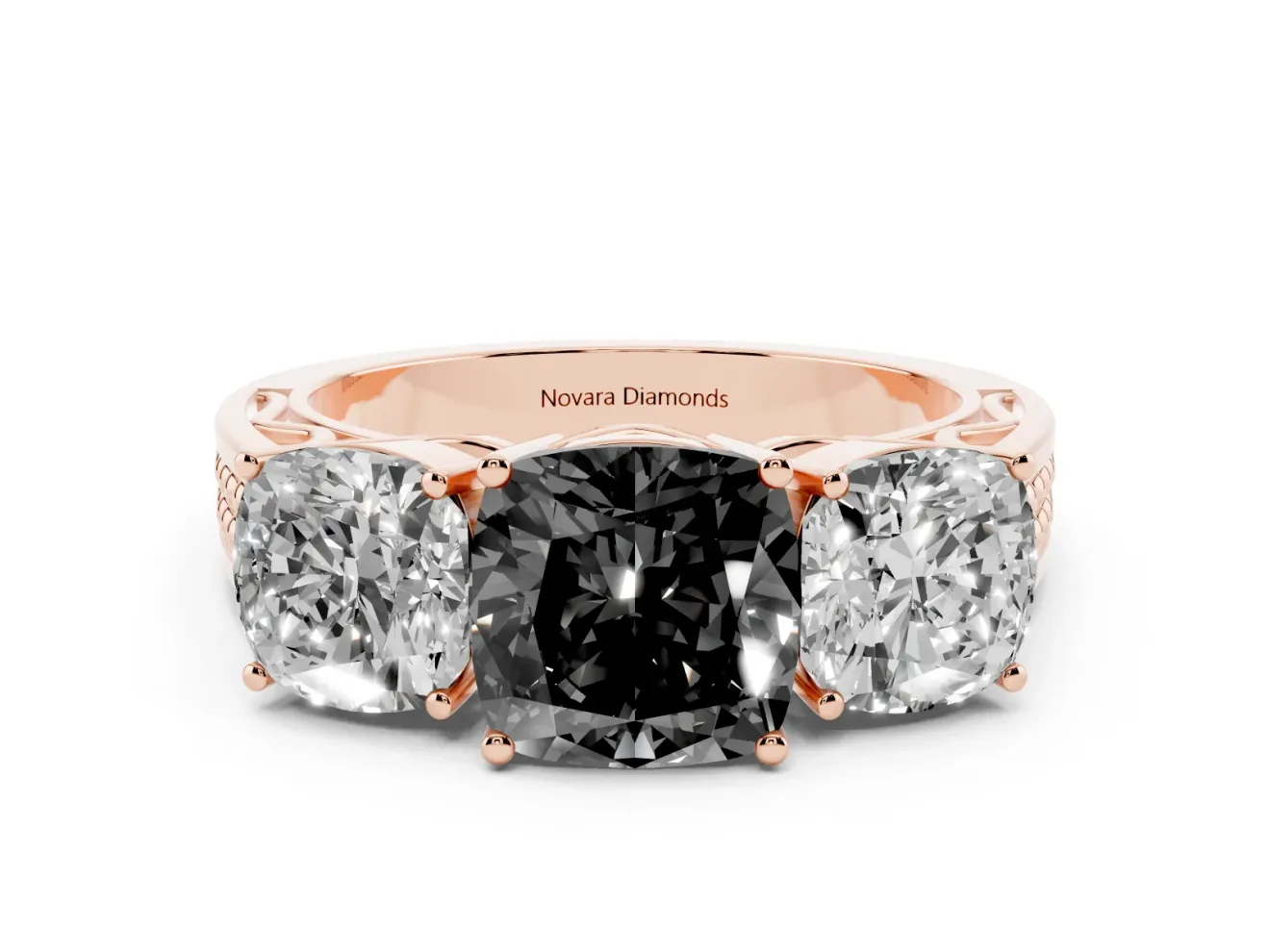 Cushion Cut Three Stone Engagement Ring Setting for a Black Center | Beaded Shoulders | Rose Gold