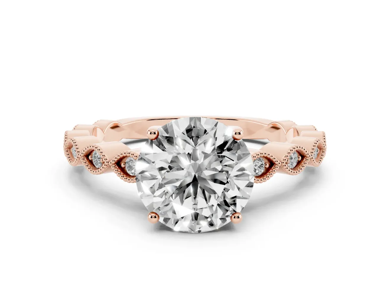Round Vintage Milgrain Solitaire Engagement Ring Setting | Scalloped Band | Rose Gold
