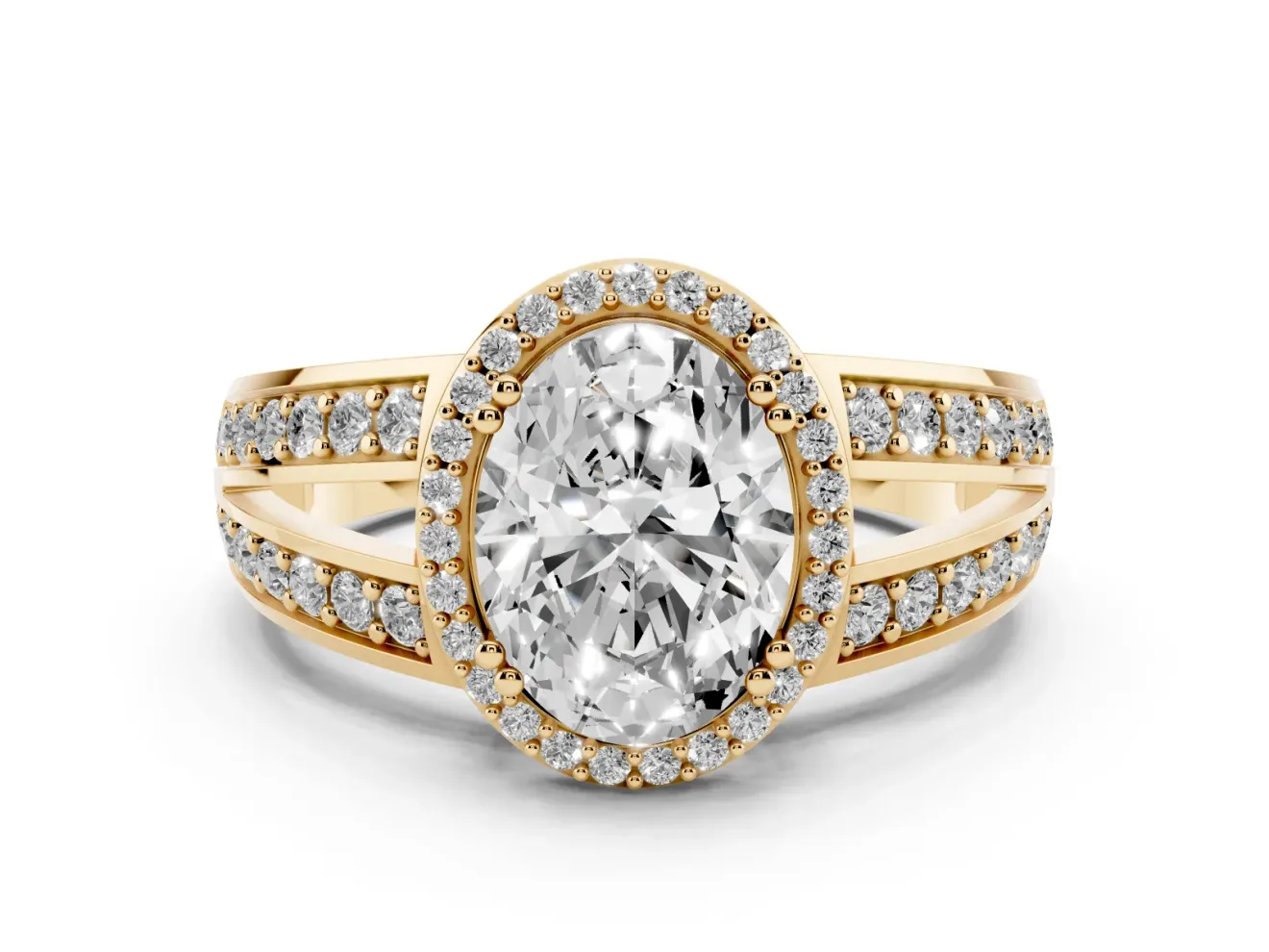 Oval Halo Engagement Ring Setting | Two-Row Pave Split Shank | Yellow Gold