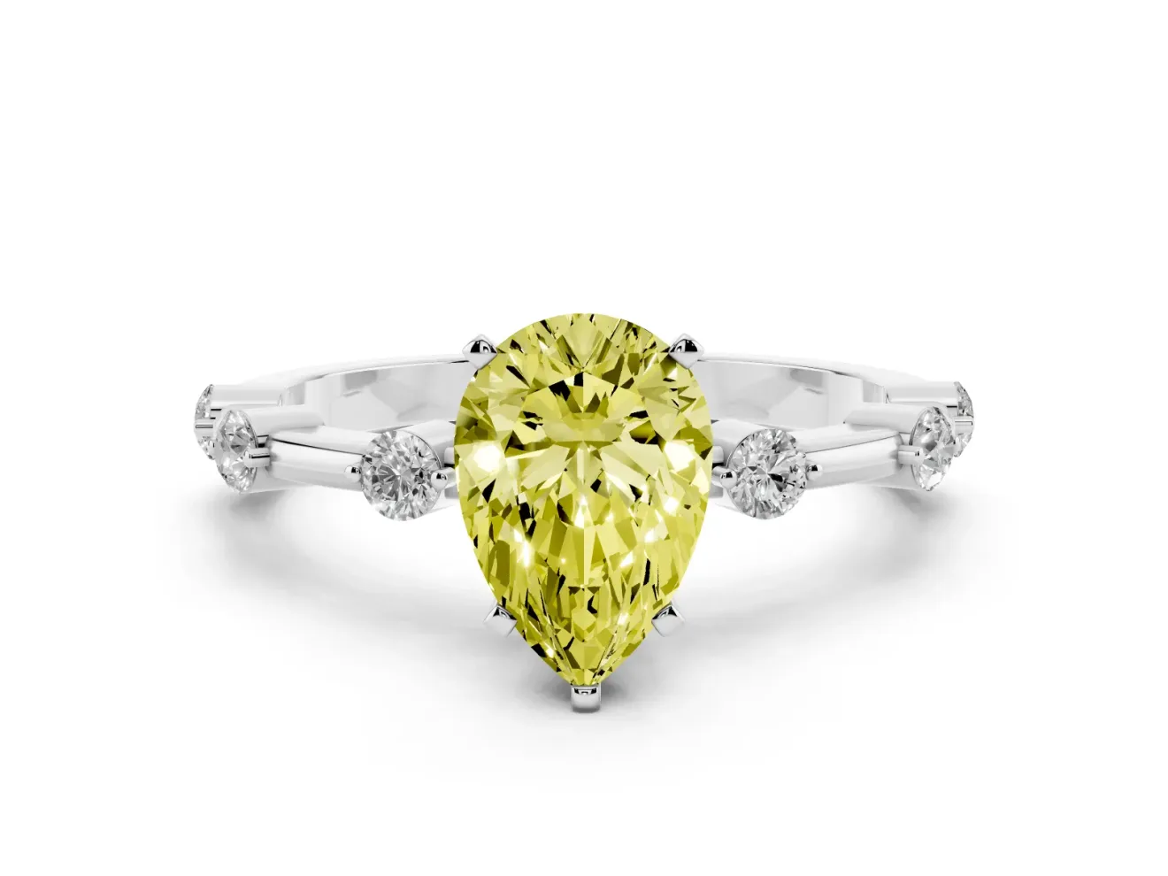 Fancy Yellow Pear Cut Diamond Solitaire Ring Set in Silver with Bezel Set Side Stones and Prong Setting