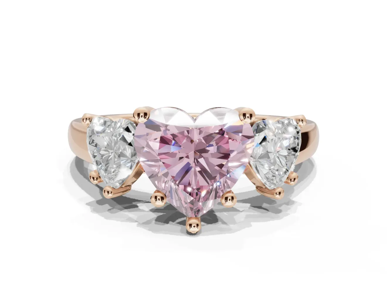 Heart-Shaped Three Stone Engagement Ring Setting for a Fancy Pink Lab-Grown Diamond | Wide Tapered Shoulders | Rose Gold