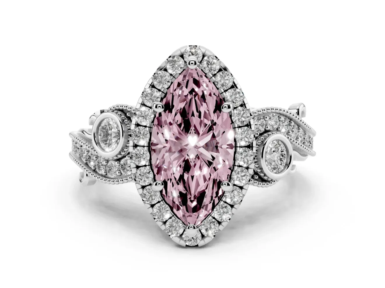 Fancy Pink Marquise Cut Diamond Halo Ring Set in White gold with Milgrain Pavé Band and Prong Setting