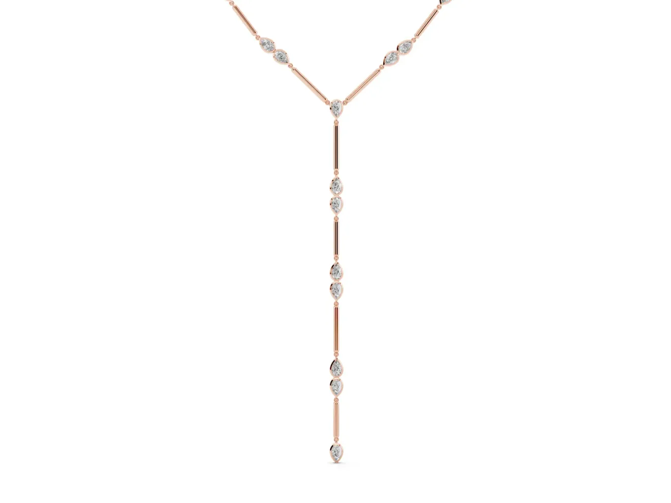 Pear-Shaped Lab-Grown Diamond Bezel Station Lariat Necklace | Polished Bar Links | Rose Gold
