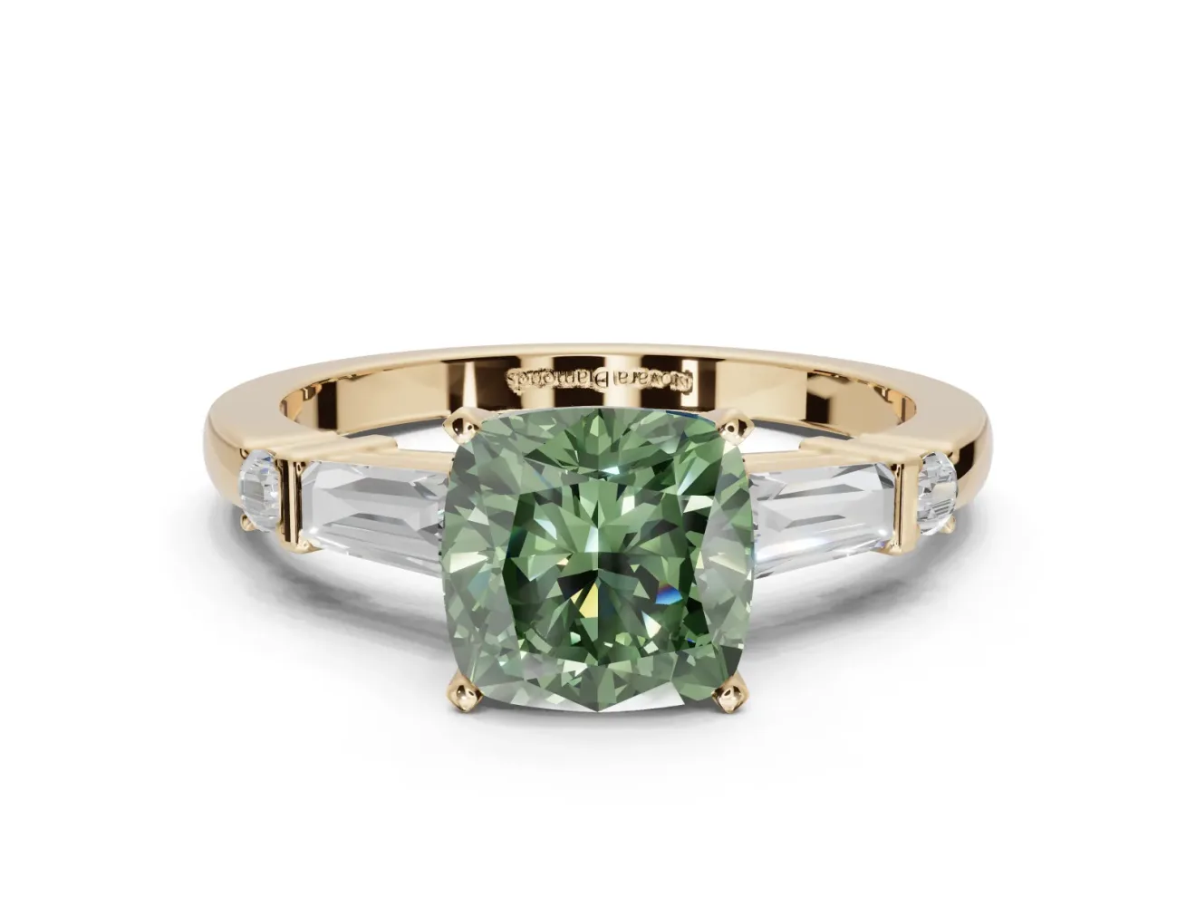 Cushion Cut Tapered Baguette Engagement Ring Setting for a Fancy Green Lab-Grown Diamond | Bar Set Sides | Yellow Gold