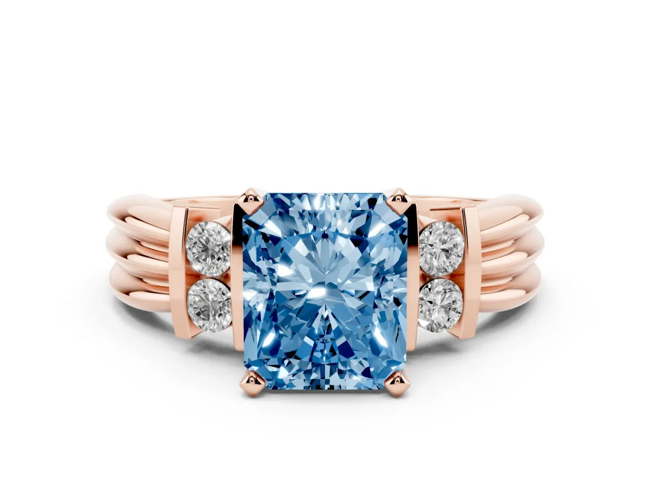 Fancy Blue Three-Stone Radiant Cut Diamond Channel Set Ring Set in Rose gold with Bar Prongs