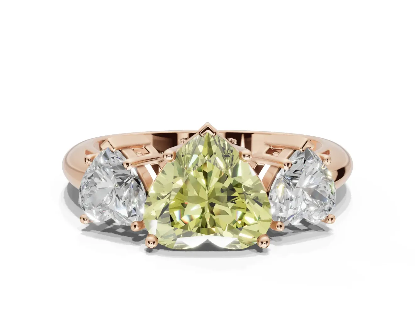 Heart-Shaped Three Stone Engagement Ring Setting for a Fancy Yellow Lab-Grown Diamond | Plain Band | Rose Gold