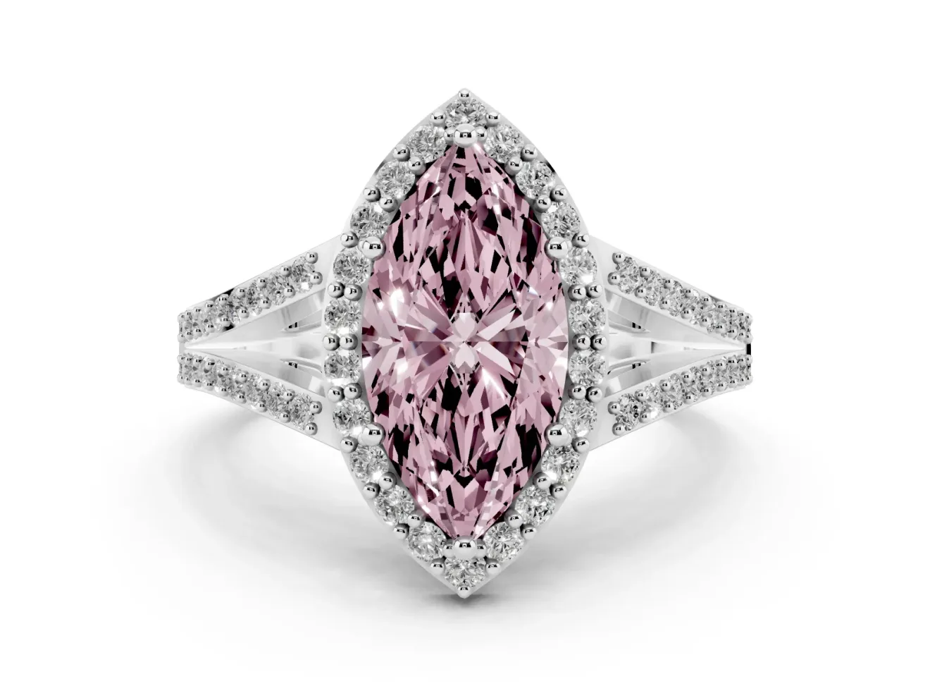 Fancy Pink Marquise Cut Diamond Halo Split Shank Pavé Ring Set in Silver with Prong Setting