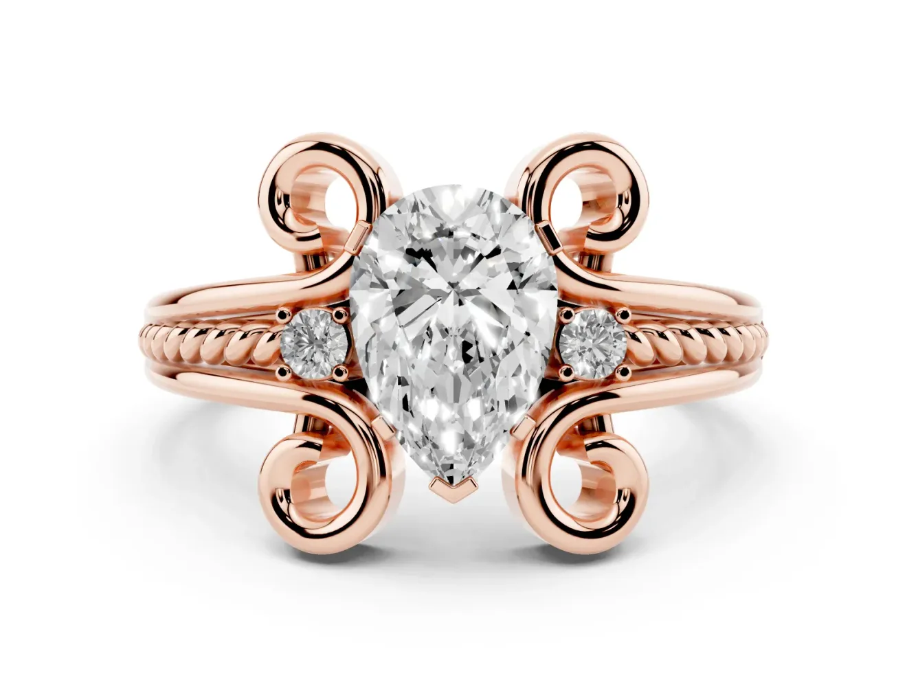 Pear Cut Diamond Twisted Band Solitaire Ring Set in Rose gold with Scroll Prongs
