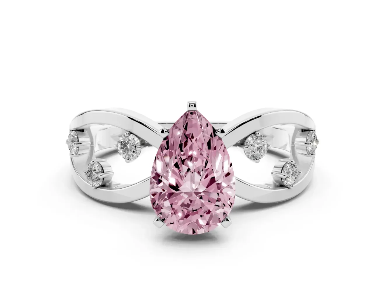 Fancy Pink Pear Cut Diamond Solitaire Ring Set in White gold with Side Stones on Criss-Cross Band and Prong Setting