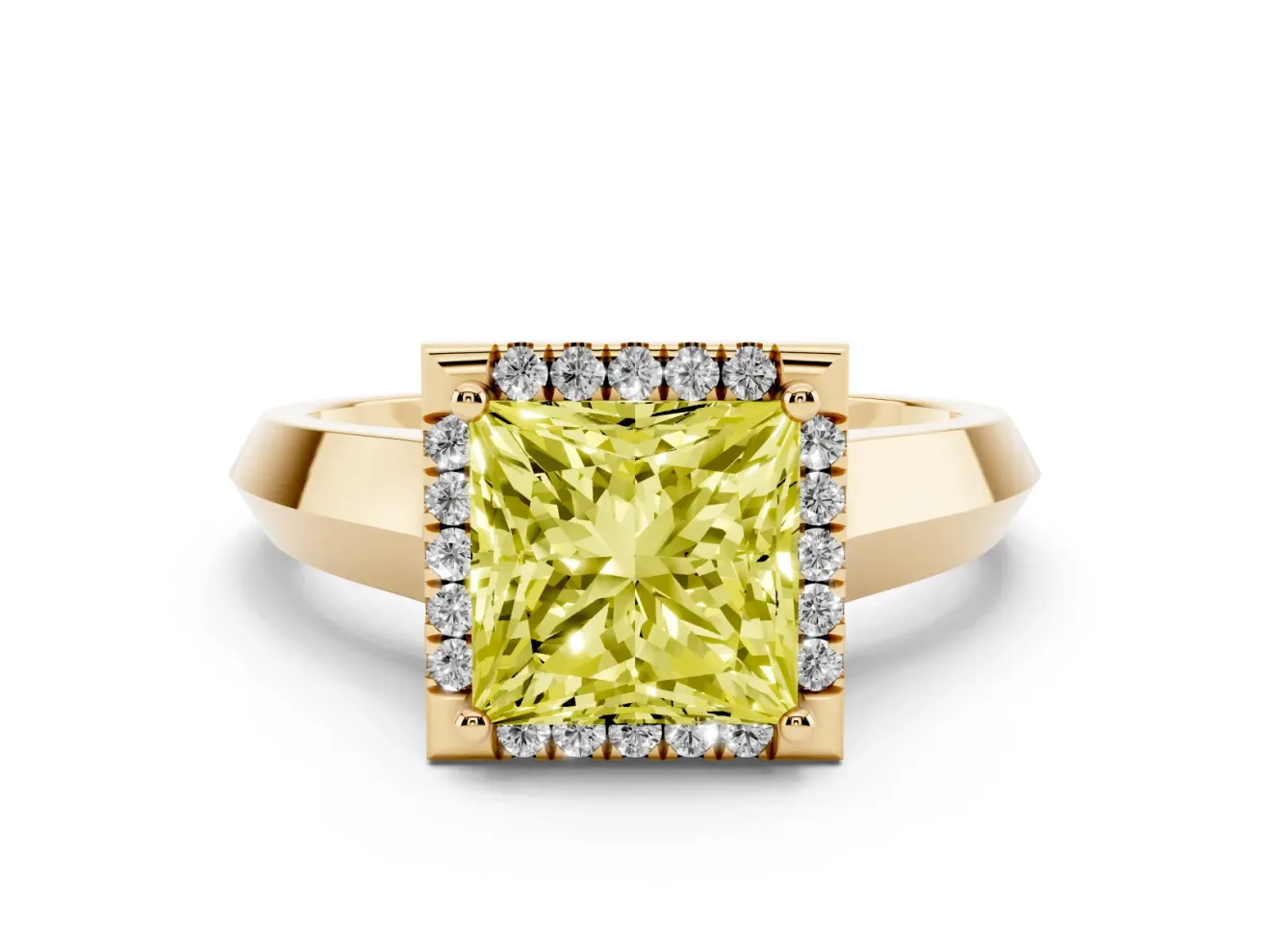 Fancy Yellow Princess Cut Diamond Halo Ring Set in Yellow gold with Cathedral Band and Prong Setting