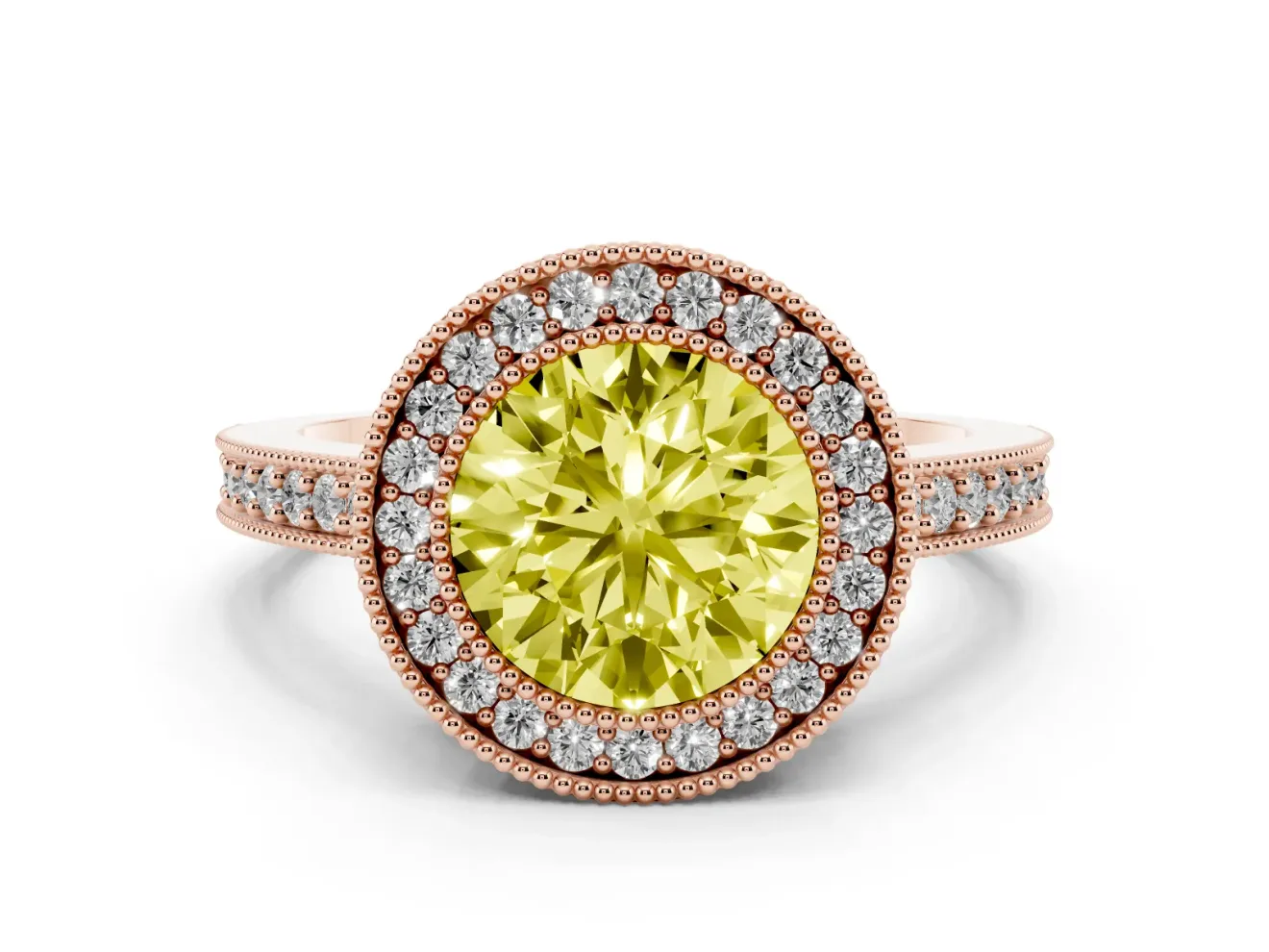 Round Milgrain Halo Engagement Ring Setting for a Fancy Yellow Lab-Grown Diamond | Pave Band | Rose Gold