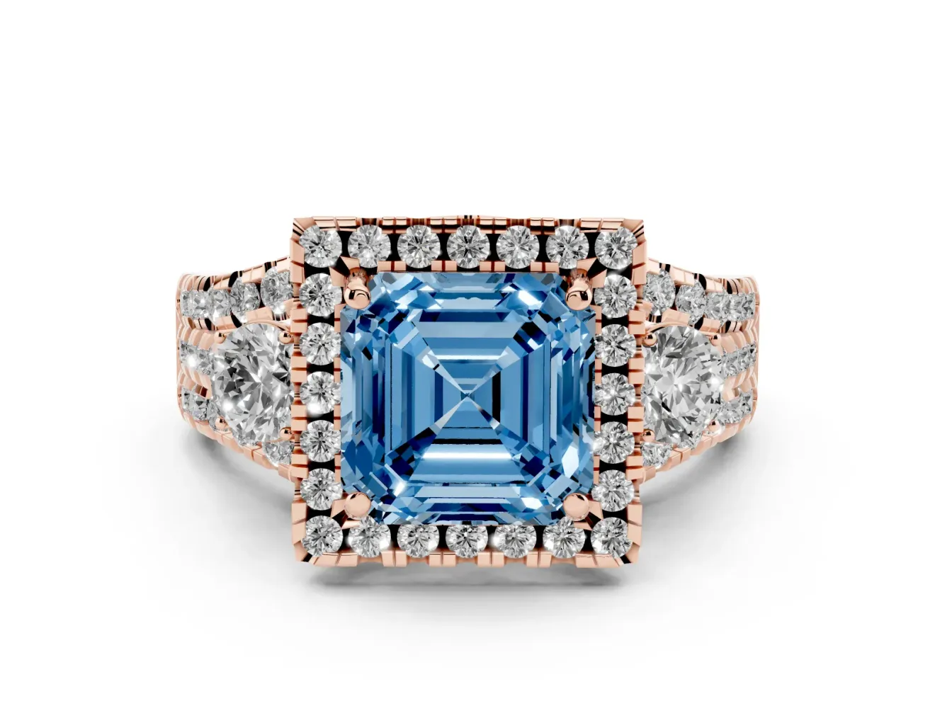 Asscher Cut Halo Split Shank Engagement Ring Setting for a Fancy Blue Lab-Grown Diamond | Round Side Stones | Rose Gold