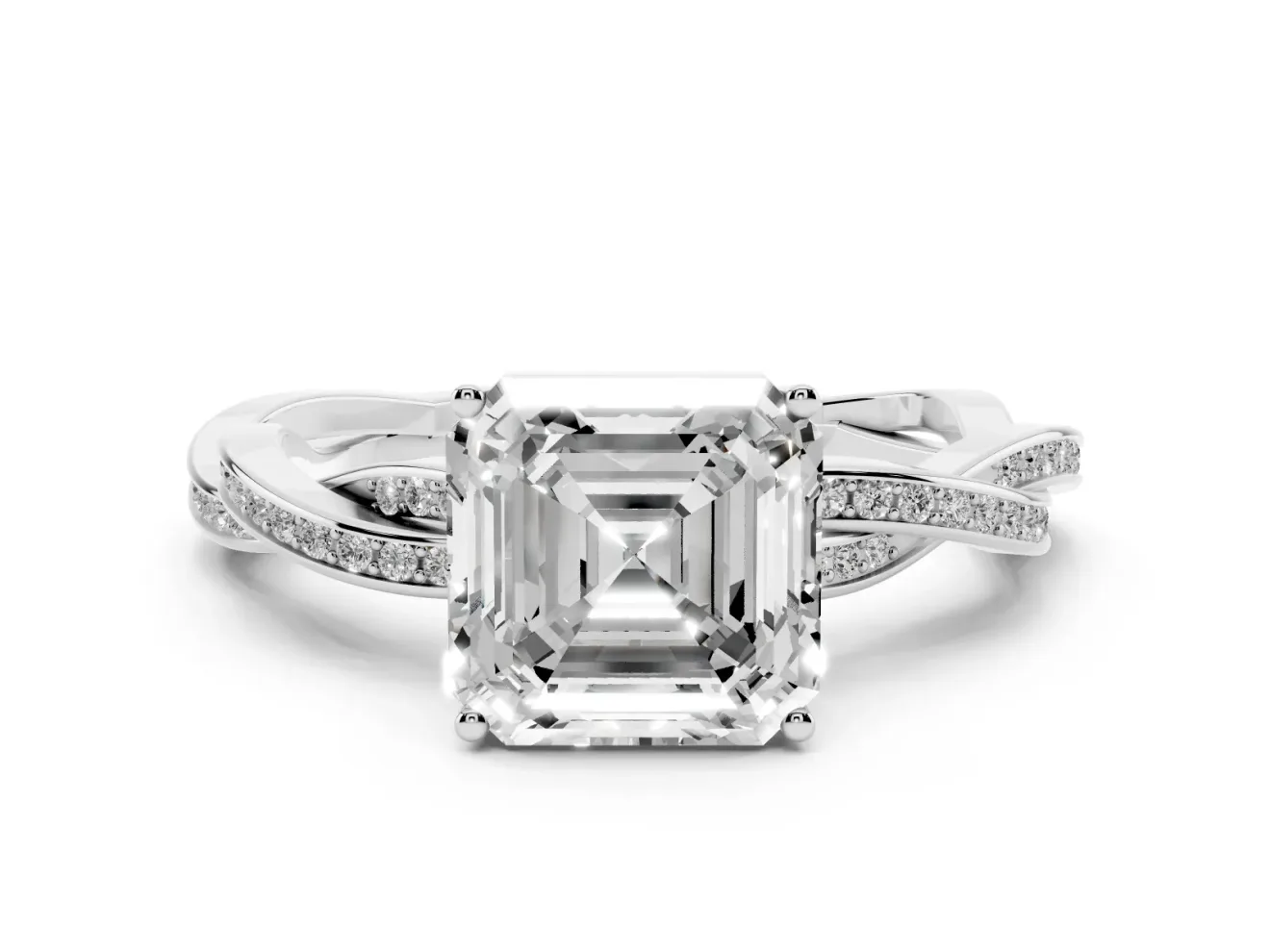 Asscher Cut Diamond Solitaire Twisted Pavé Ring Set in Platinum with Prong Setting