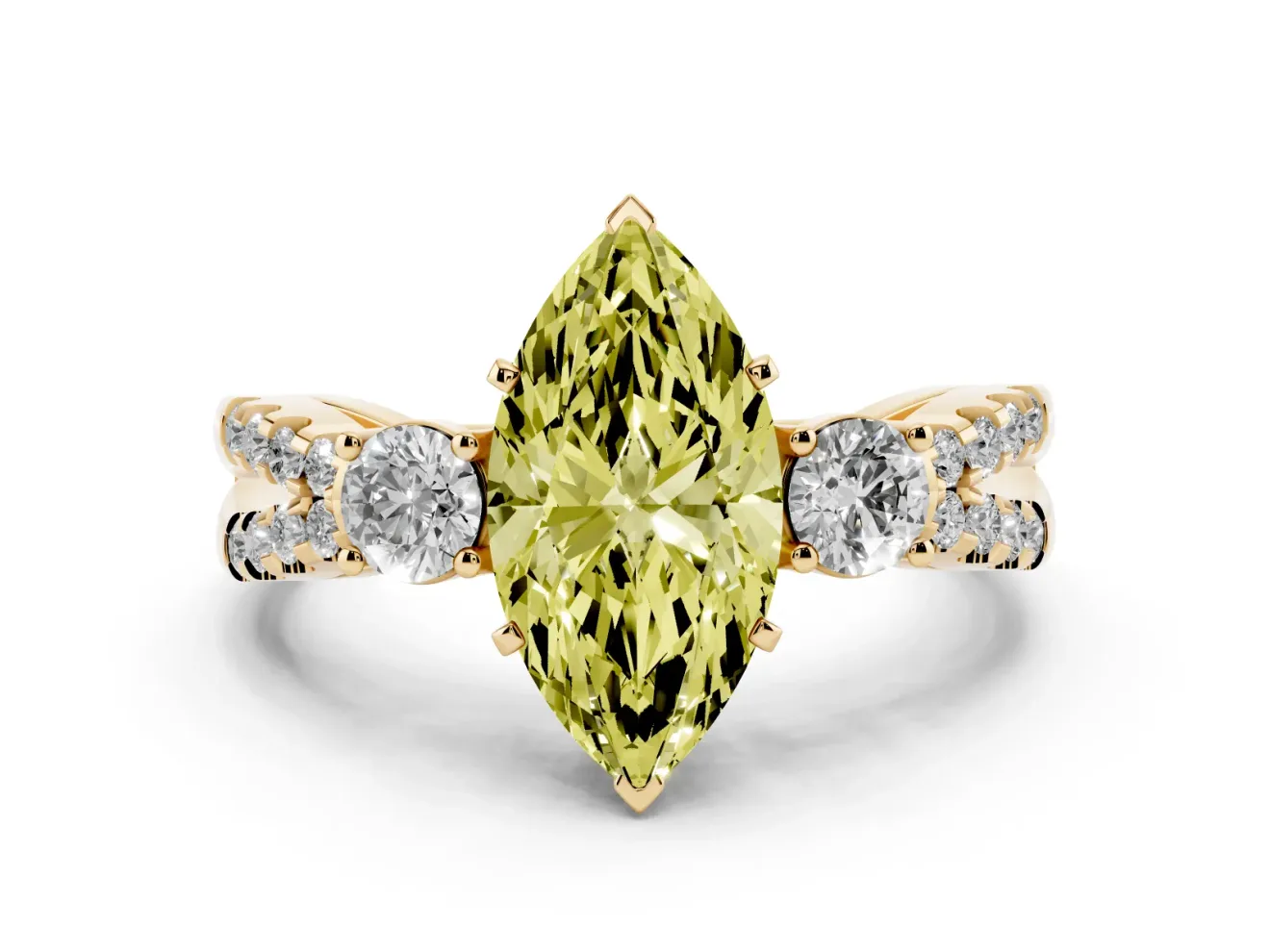 Fancy Yellow Marquise Cut Diamond Three-Stone Ring Set in Yellow gold with Pavé Split Shank and Prong Setting