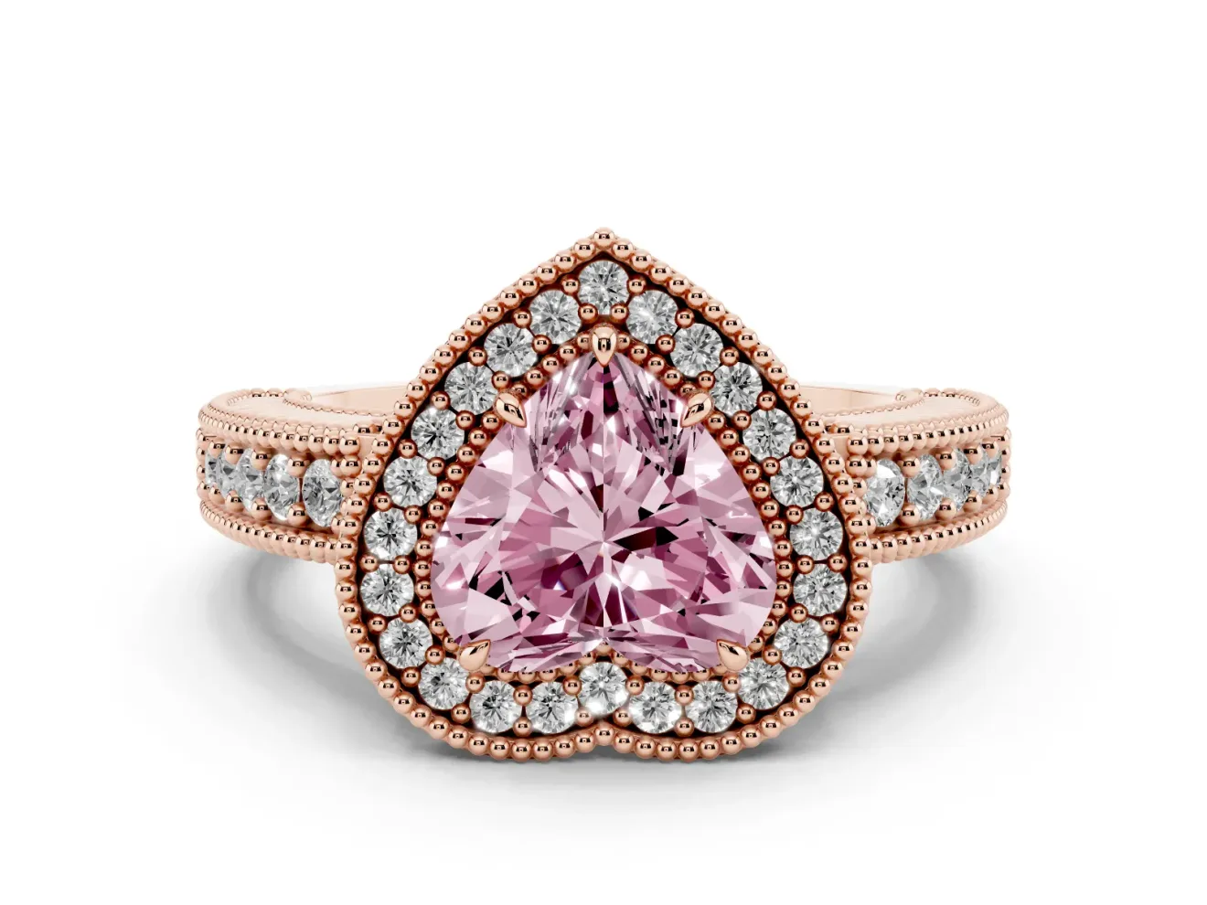 Fancy Pink Heart Cut Diamond Halo Ring Set in Rose gold with Round Accent Halo, Pavé Band and Prong Setting