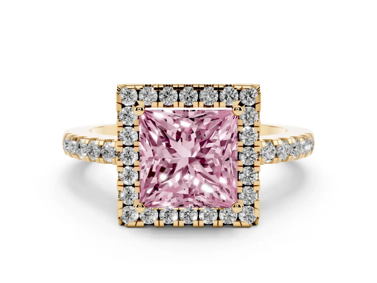 Princess Cut Halo Engagement Ring Setting for a Fancy Pink Lab-Grown Diamond | Shared Prong Pavé Band | Yellow Gold