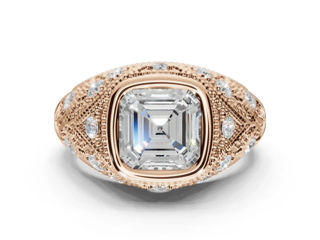 Asscher Cut Vintage Bezel Engagement Ring Setting | Beaded Paisley Shoulders | Rose Gold