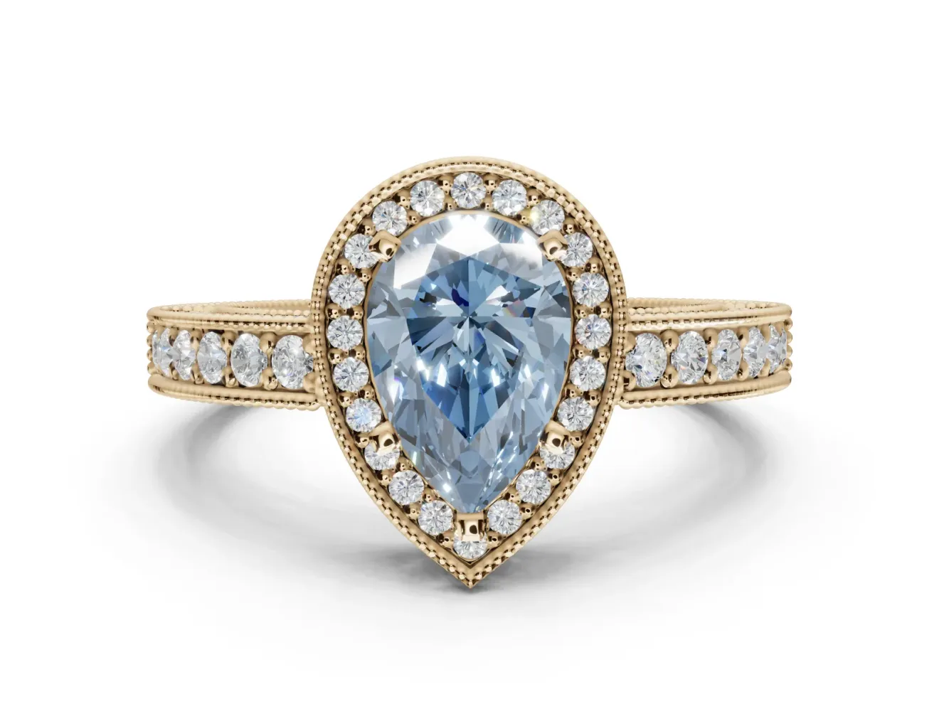 Pear-Shaped Milgrain Halo Engagement Ring Setting for a Fancy Blue Lab-Grown Diamond | Wide Pavé Band | Yellow Gold