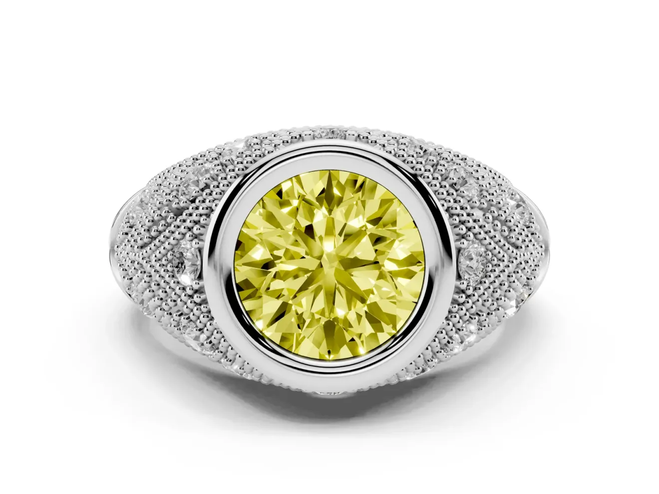 Fancy Yellow Round Cut Diamond Bezel Ring Set in White gold with Milgrain Accent Band
