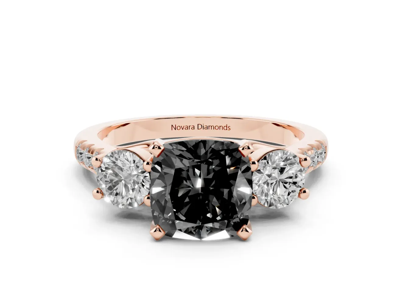 Cushion Cut Three-Stone Engagement Ring Setting for a Black Center | Pavé Shoulders | Rose Gold