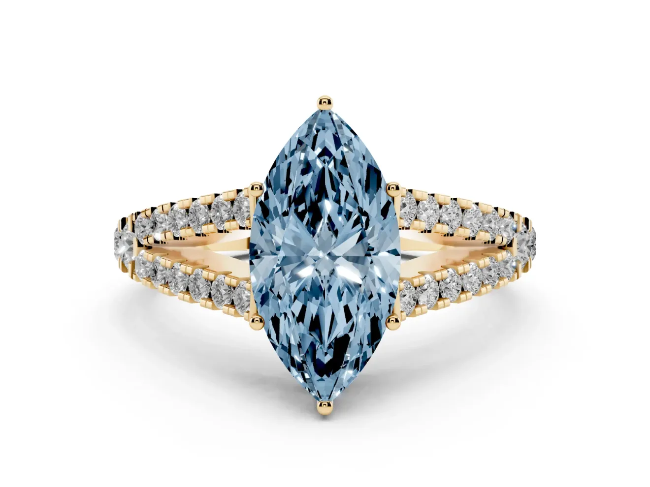 Marquise Graduated Split Shank Engagement Ring Setting for a Fancy Blue Lab-Grown Diamond | Yellow Gold