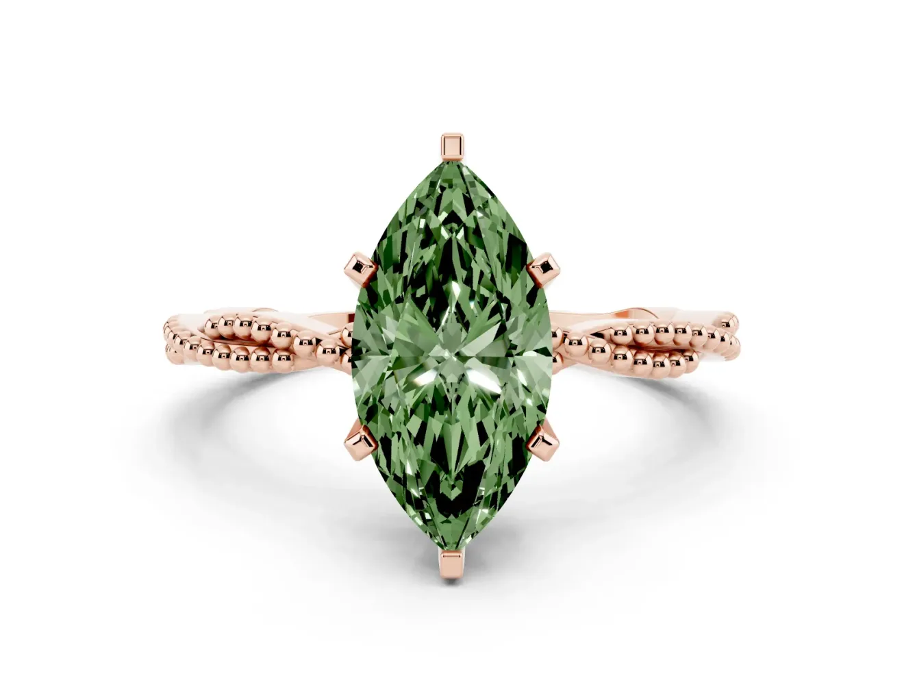 Fancy Green Marquise Cut Diamond Solitaire Ring Set in Rose gold with Twisted Band and Bead Prong Setting