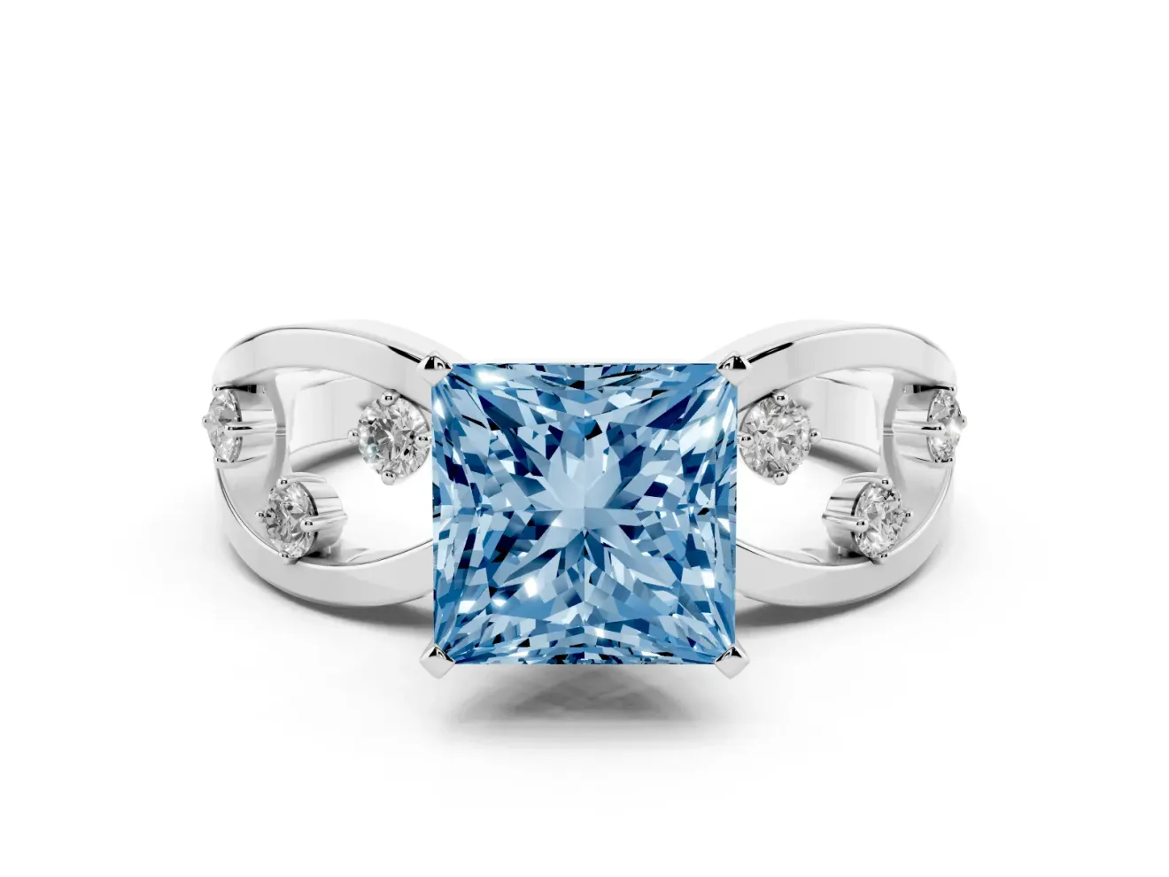 Fancy Blue Princess Cut Diamond Solitaire Ring Set in Silver with Side Stones on Criss-Cross Band and Prong Setting